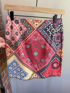 Boston Proper Women’s Red Patchwork Bandana Print Paisley Skirt with beaded hem